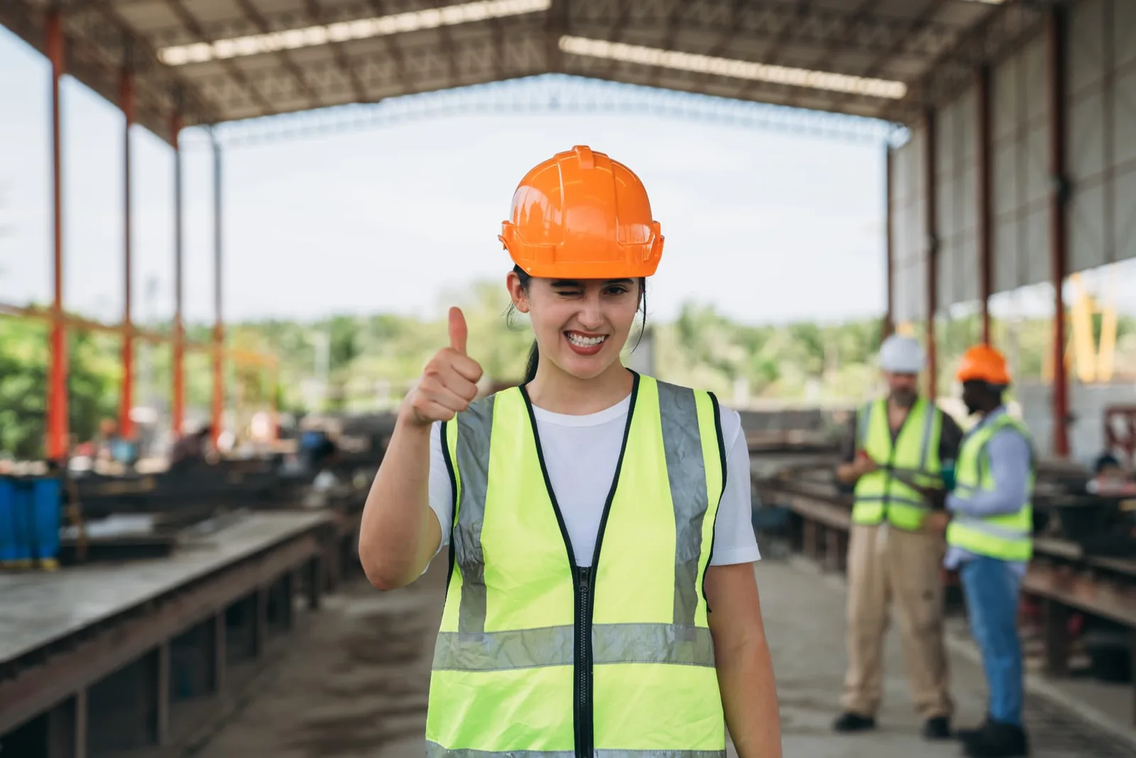 Medewerker met veiligheidshelm geeft een duim omhoog op de werkvloer